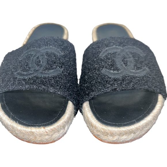 Chanel Interlocking CC Espadrille Tweed and Grosgrain Black Slide Sandal size 35 - Picture 14 of 16